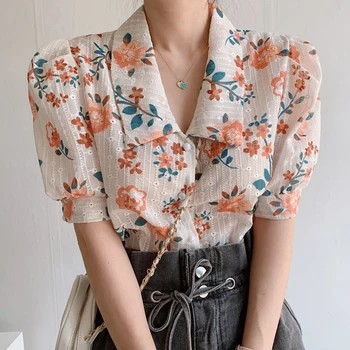 2021 Koreja Elegantna Poletje Enotni-zapenjanje Vezene Votlih Cvetlični Kratka sleeved Majico Bluzo Ženske