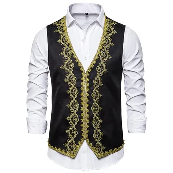 Evropski Stil Moških Obleko Telovnik Moda Vezenje Waistcoat Brez Rokavov Kopalke Majice Moški V Vratu Svate Fazi Pevka Gilet