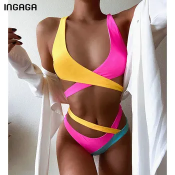 INGAGA 2021 Bikini Kopalke za Ženske Kopalke, Mozaik Križ Povoj Biquini izrežemo Kopalne Obleke Seksi Visoke Noge Bikini Komplet