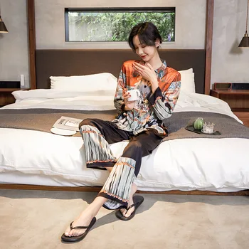 Nove Ženske Pižame Nastavite Boemski Stil Kitajski Folk Tiskanja Sleepwear Majhnih Ovratnik Svile, Kot so Prosti čas, Dom, Oblačila More