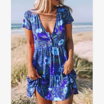 Obleke za Ženske 2021 Poletje Cvjetnim Tiskanja Ruched Priložnostne Kratek Rokav Seksi V Vratu Plus Velikost Plaži, Mini Obleko Haljo Femme Sundress