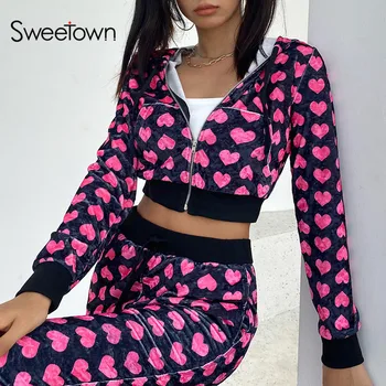 Sweetown Roza Srce, ki Tiskanja Y2K Hlače, Obleke, korejski Zip Gor Rastlinske Jakne + Visoko Pasu Joggers Trenirke Ženske Žamet Dva Kosa Določa