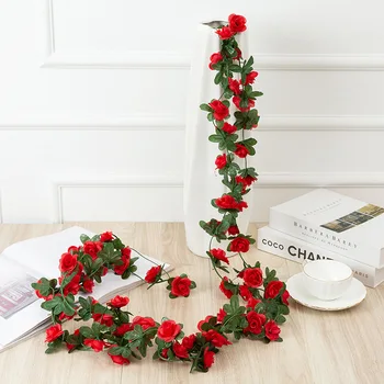 Umetna svila Rose Trte, ki Visi Cvetje za Dekoracijo Sten Rattan Ponaredek Rastline Listi Garland Vrt Poročno Dekoracijo Doma
