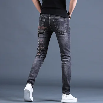 Za moške, visoke kakovosti stretch traper hlače črne kavbojke tiskanje trendi opraskan sive jeans štiri sezone dolge hlače