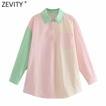 Zevity 2021 Ženske Modni Tri Candy Barve Mozaik Delavska Bluzo Ženske posamezno Zapenjanje Priložnostne Majice Elegantna Blusas Vrhovi LS9440