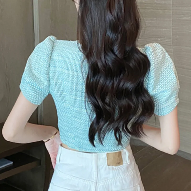 2021 Poletje Nove Korejske Ženske Tweed Jakno Plašč Dvojno Zapenjanje Moda Letnik Vrhnja Oblačila Obreži Zgoraj Tweed Volnene Kratke Jakne 1