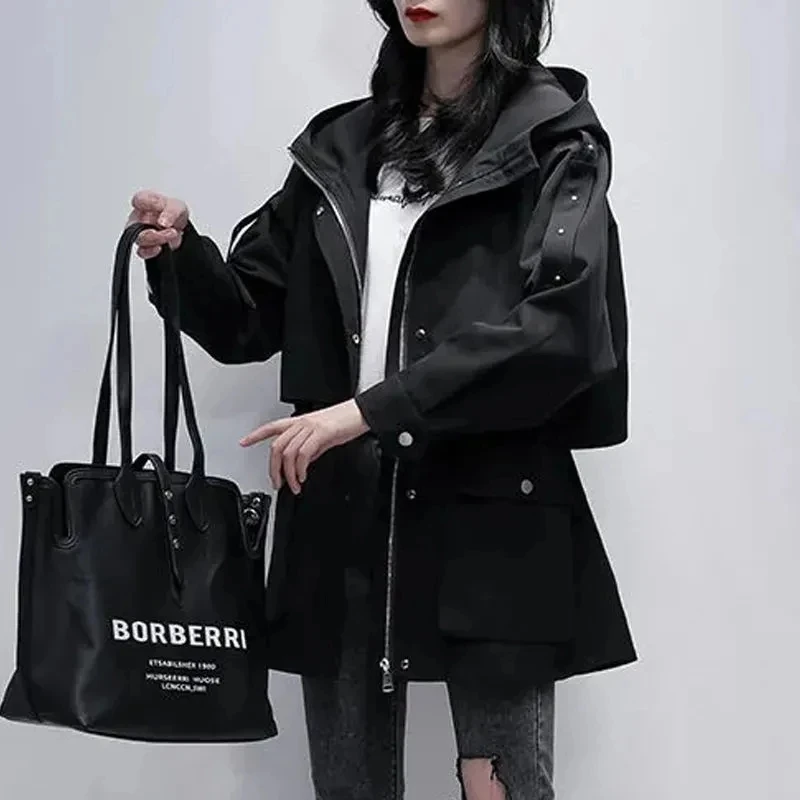 Korejski Hooded Ženski Windbreaker Pomlad/Jesen Oversize Zipped Suknjič 2021 Moda Dolg Plašč Ženska Trdna Jarek Plašč 2